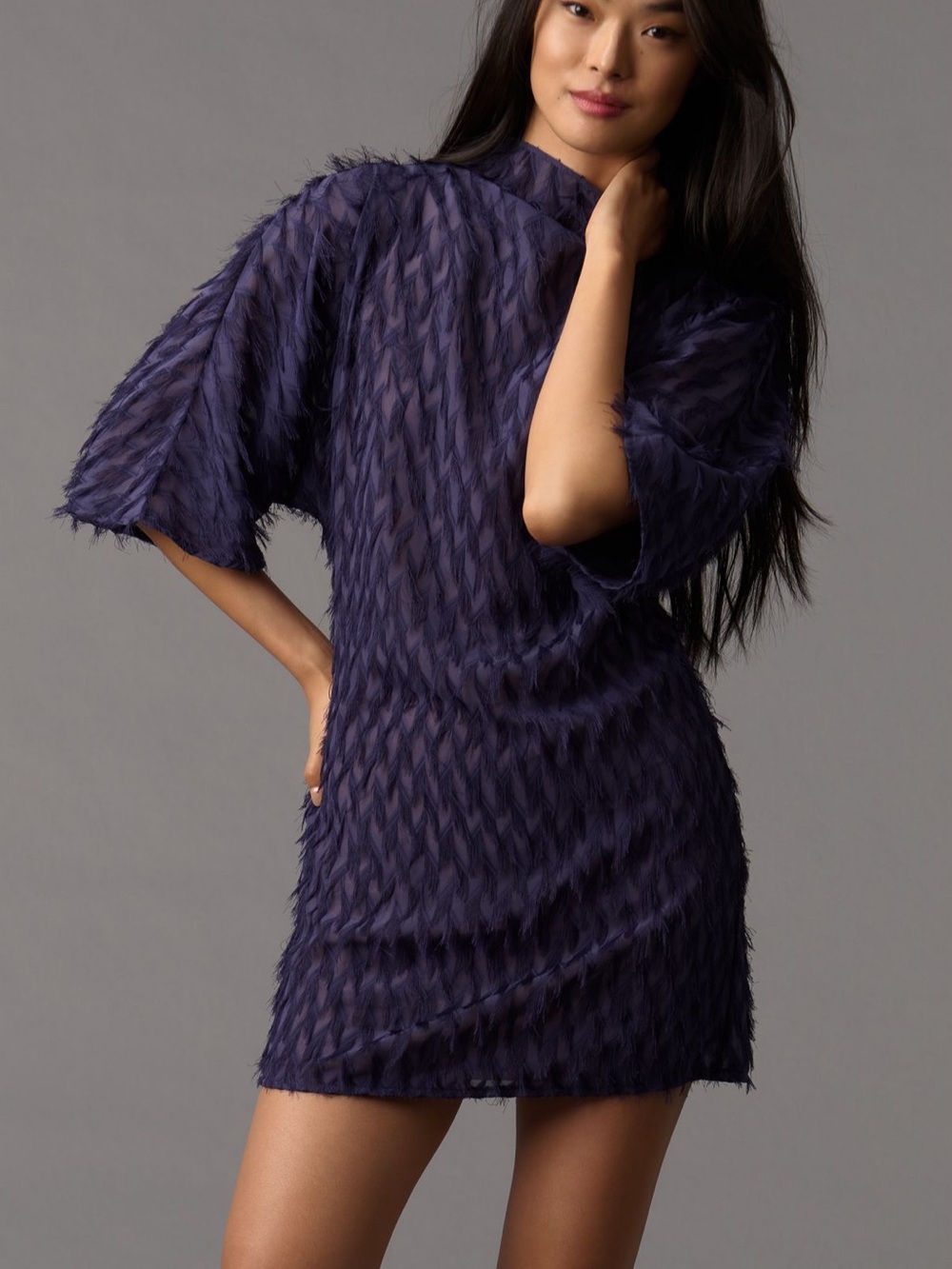 Anthropologie Navy/purple Textured Feather-Effect Mini Dress